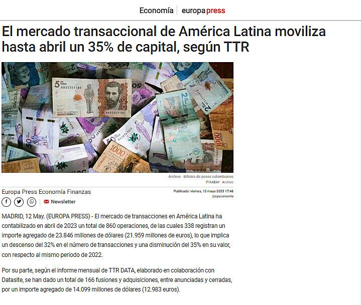 El mercado transaccional de Amrica Latina moviliza hasta abril un 35% de capital, segn TTR